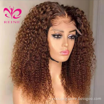 27  curly Honey Blonde Wig 4*4 closure  Human Hair Wigs Brazilian kinky curly Lace Closure Frontal wig For Black Women